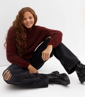 Girls Burgundy Fluffy Crew Neck Jumper 