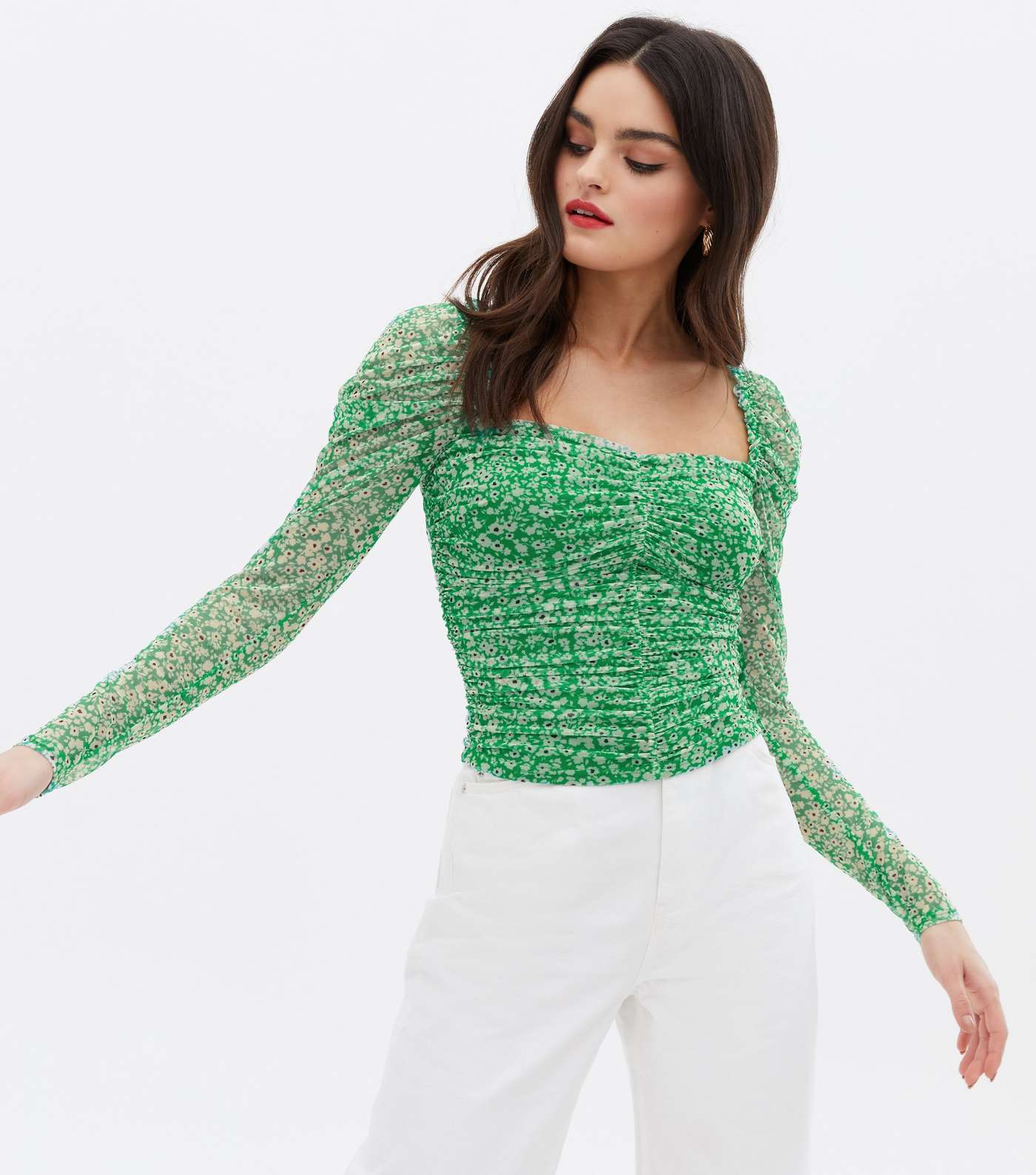 Green Ditsy Floral Mesh Ruched Crop Top