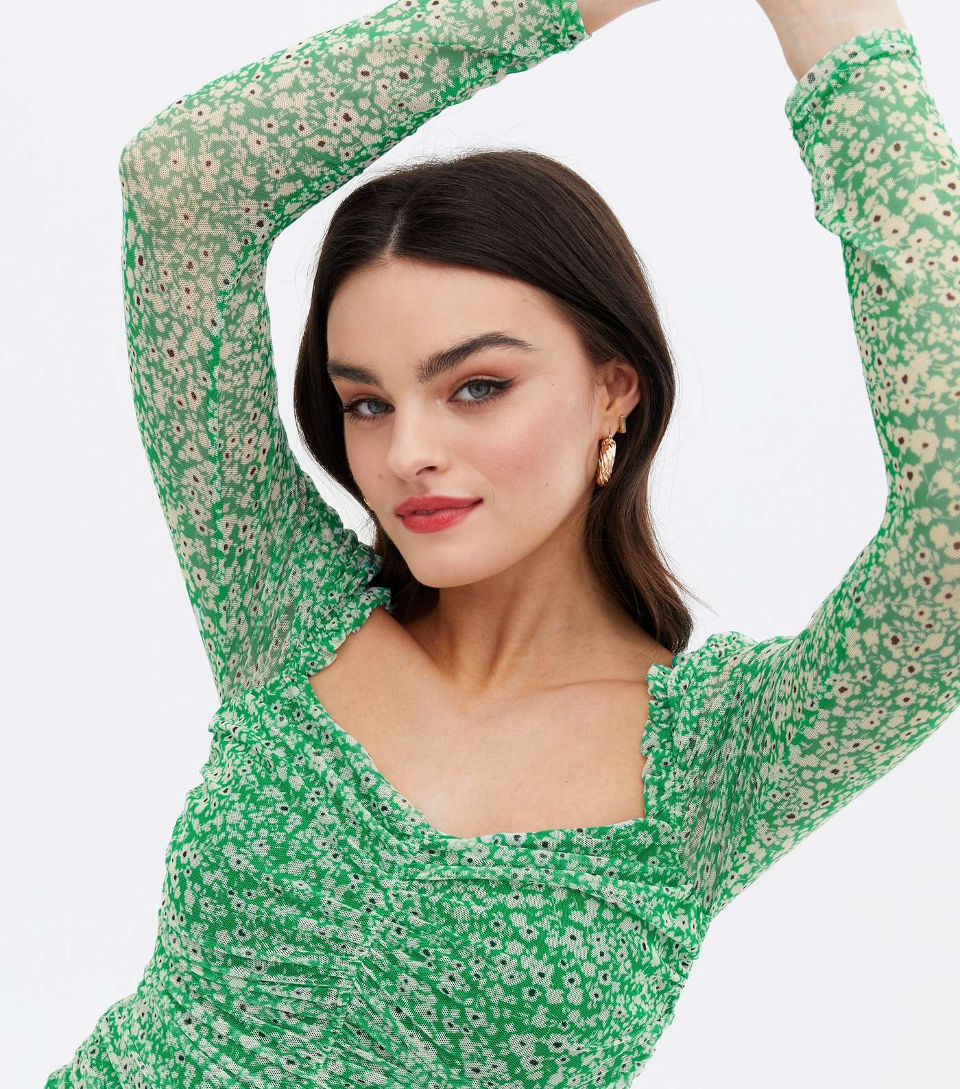 Green Ditsy Floral Mesh Ruched Crop Top Image 3