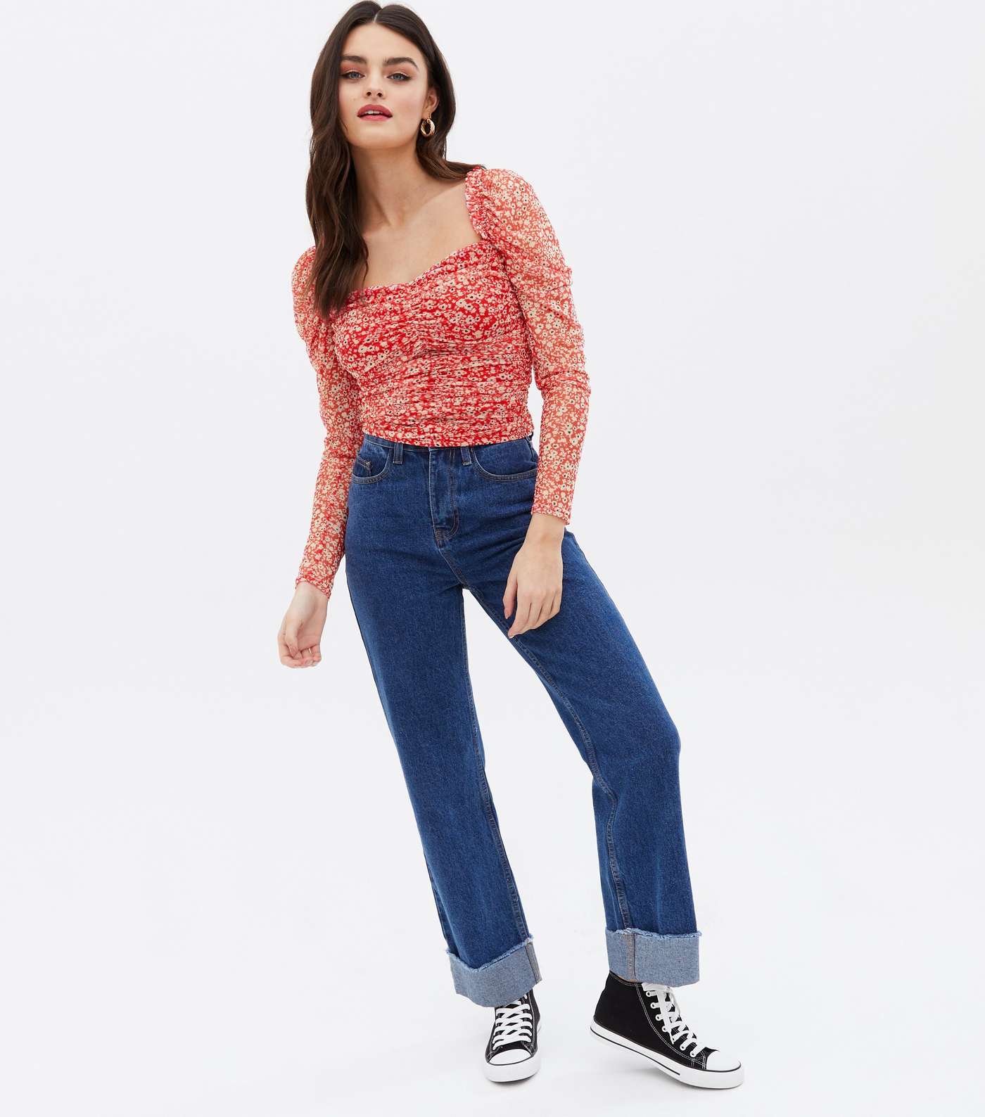 Red Ditsy Floral Mesh Ruched Crop Top Image 2
