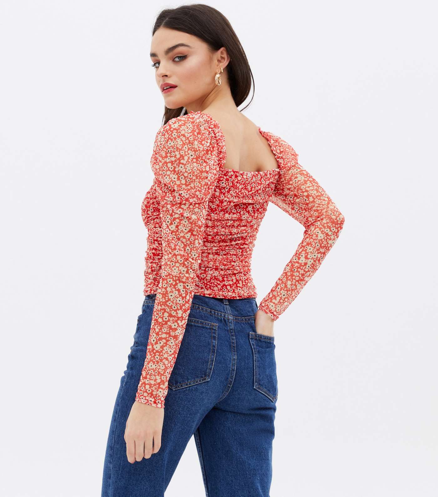 Red Ditsy Floral Mesh Ruched Crop Top Image 4
