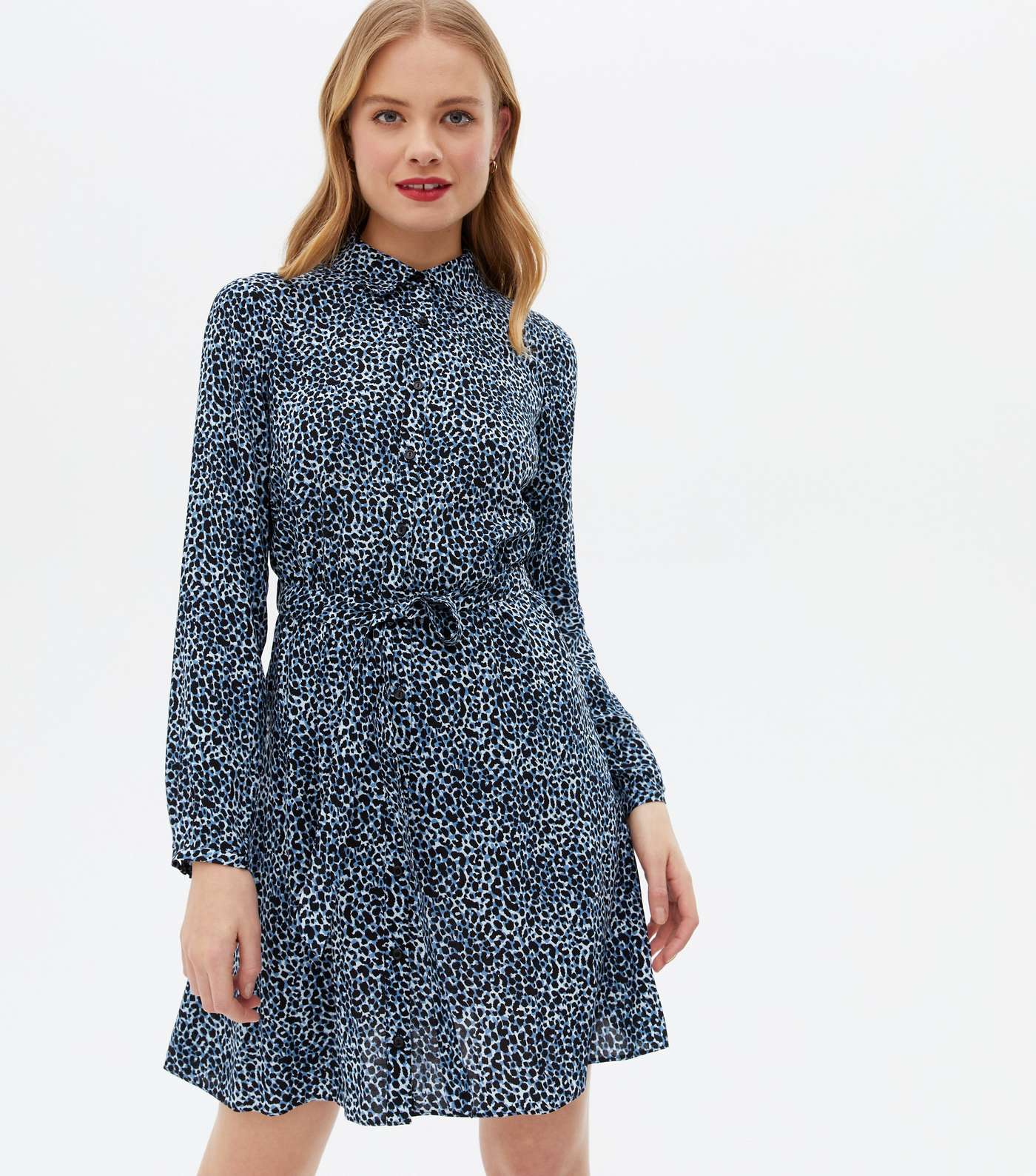 Blue Leopard Print Belted Mini Shirt Dress