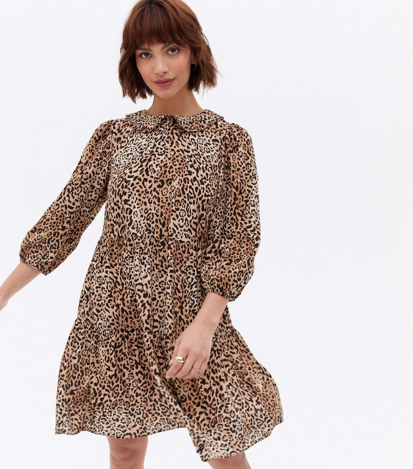 Brown Leopard Print Collared 3/4 Sleeve Mini Smock Dress