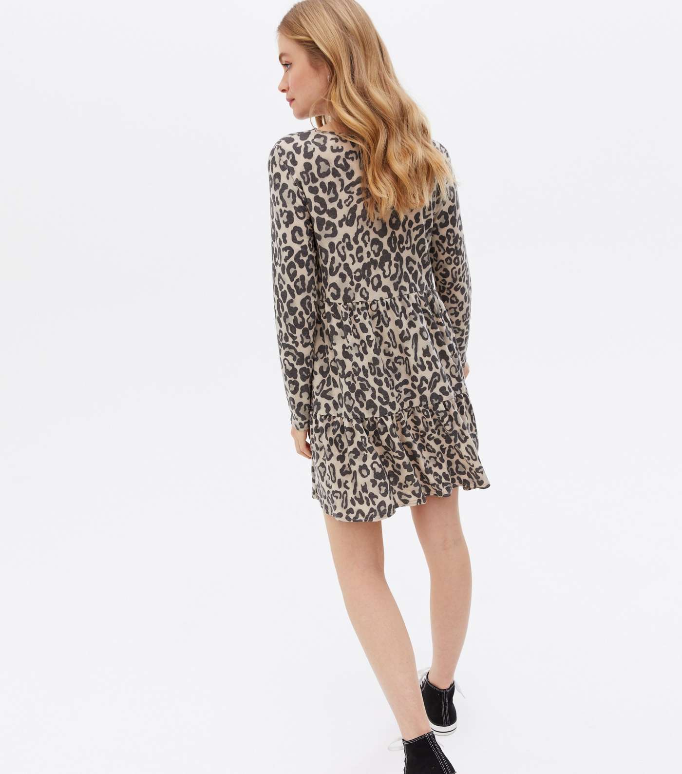 Off White Leopard Print Fine Knit Mini Smock Dress Image 4