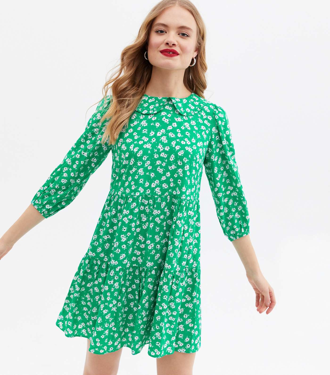 Green Ditsy Floral Frill Collar Mini Smock Dress