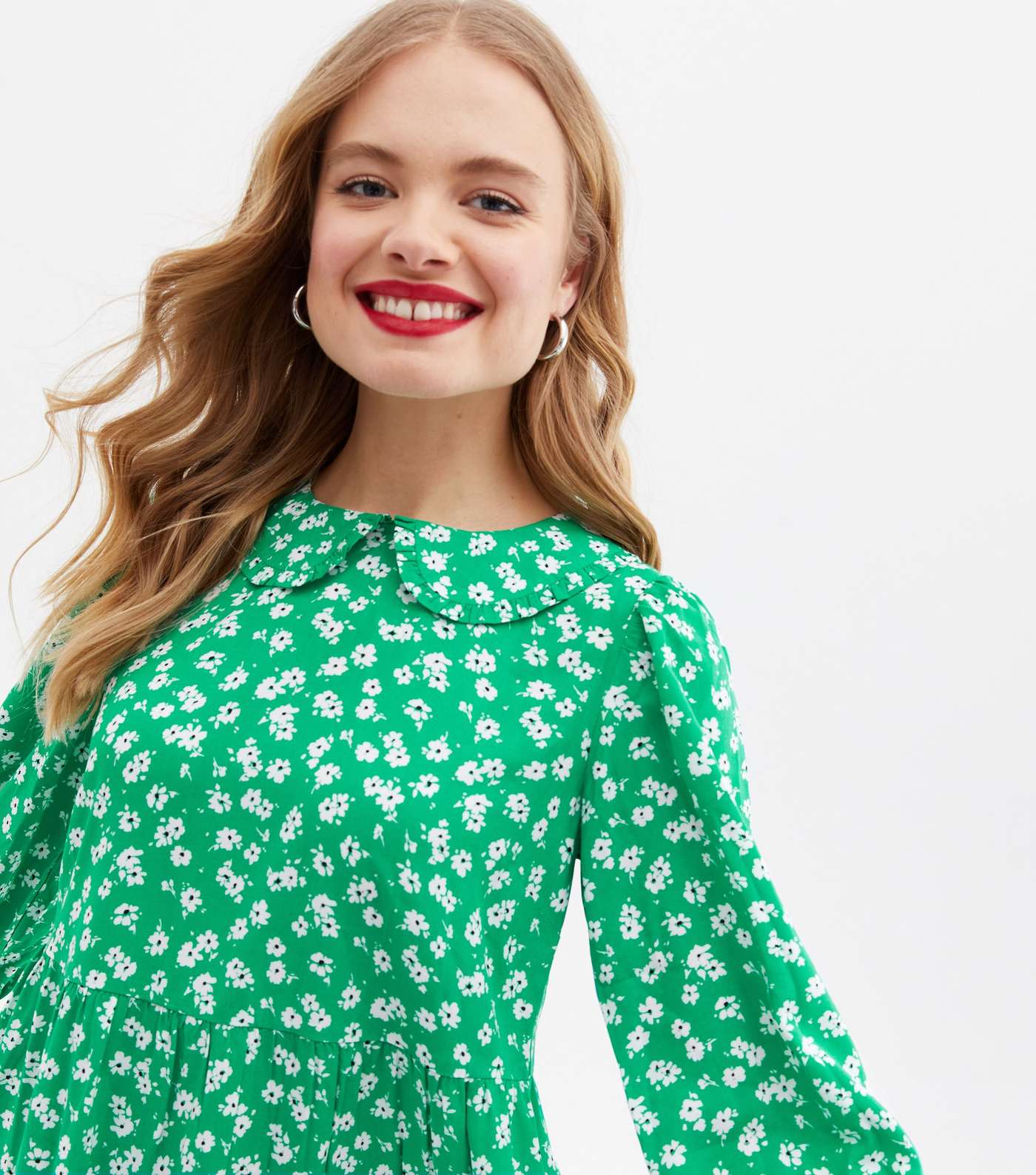 Green Ditsy Floral Frill Collar Mini Smock Dress Image 3