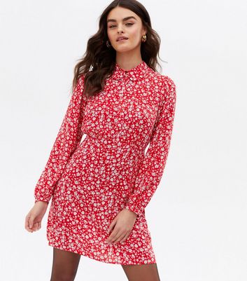 Red Ditsy Floral Long Sleeve Mini Shirt 
