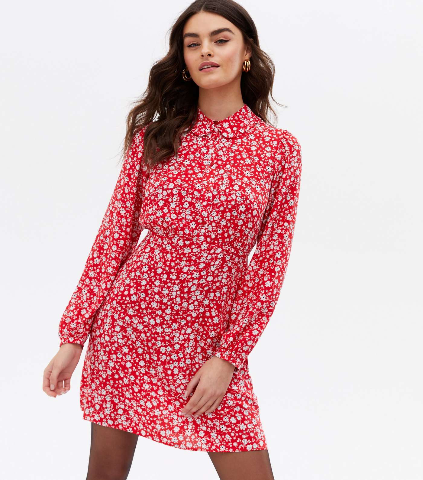 Red Ditsy Floral Long Sleeve Mini Shirt Dress Image 2