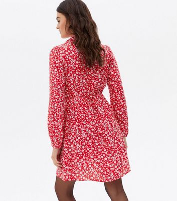 Red Ditsy Floral Long Sleeve Mini Shirt Dress New Look