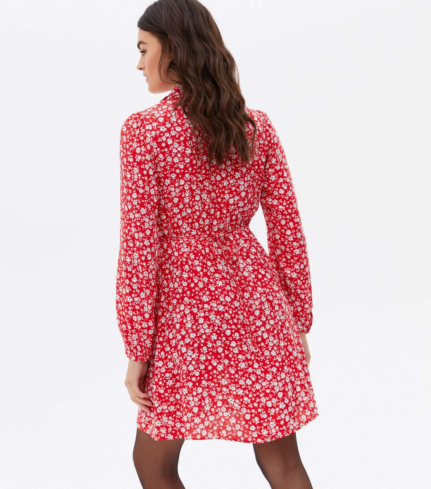 Red Ditsy Floral Long Sleeve Mini Shirt Dress Image 4
