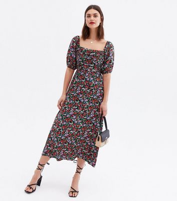 Black Floral Ruched Square Neck Midi Dress | New Look