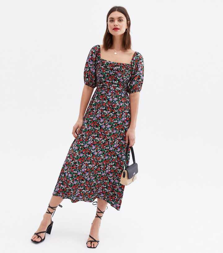 Black Floral Ruched Square Neck Midi Dress