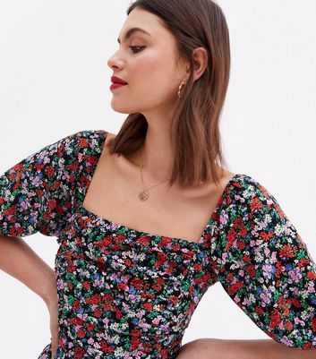 Click to view product details and reviews for Black Floral Ruched Square Neck Midi Dress New Look.