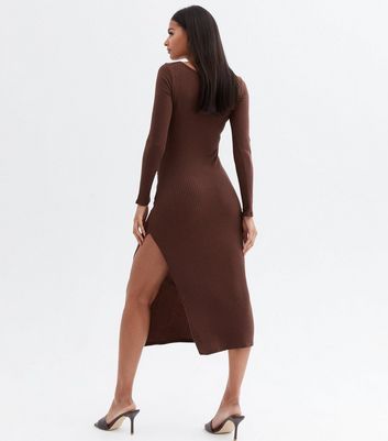 Damen Bekleidung Dark Brown Ribbed Jersey Ruched Split Midi Dress