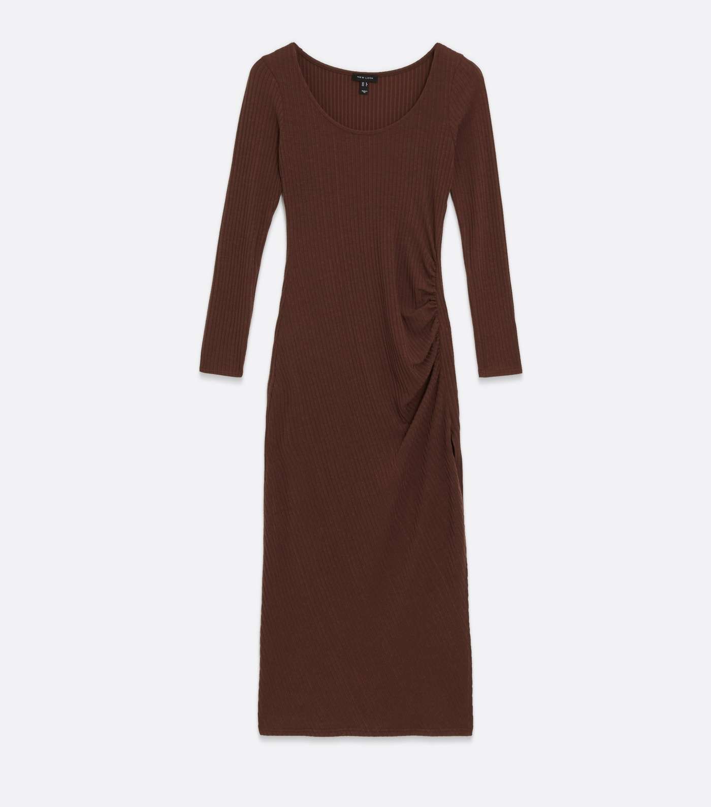 Dark Brown Ribbed Jersey Ruched Split Midi Dress Image 5