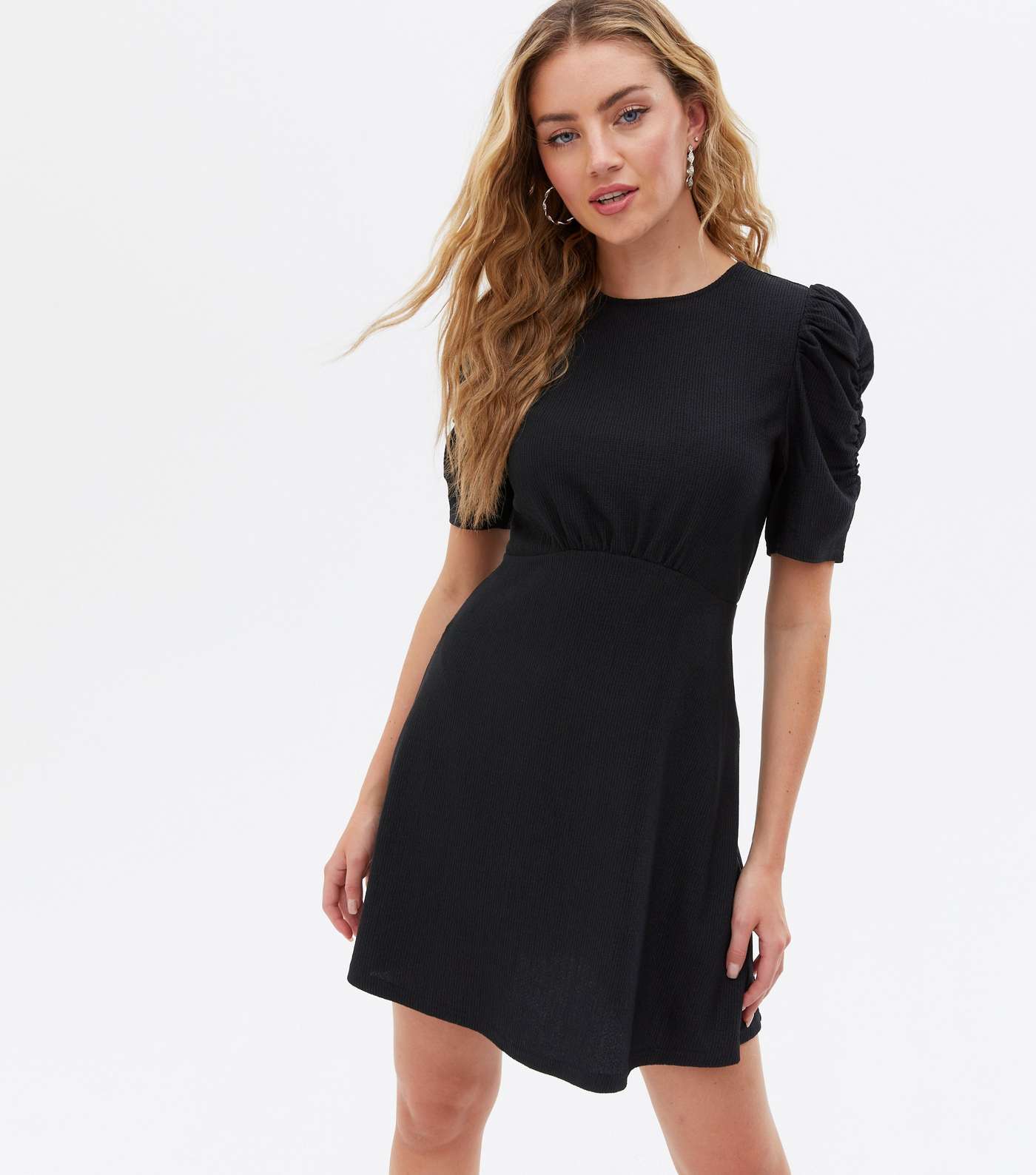 Black Crinkle Jersey Ruched Sleeve Mini Dress