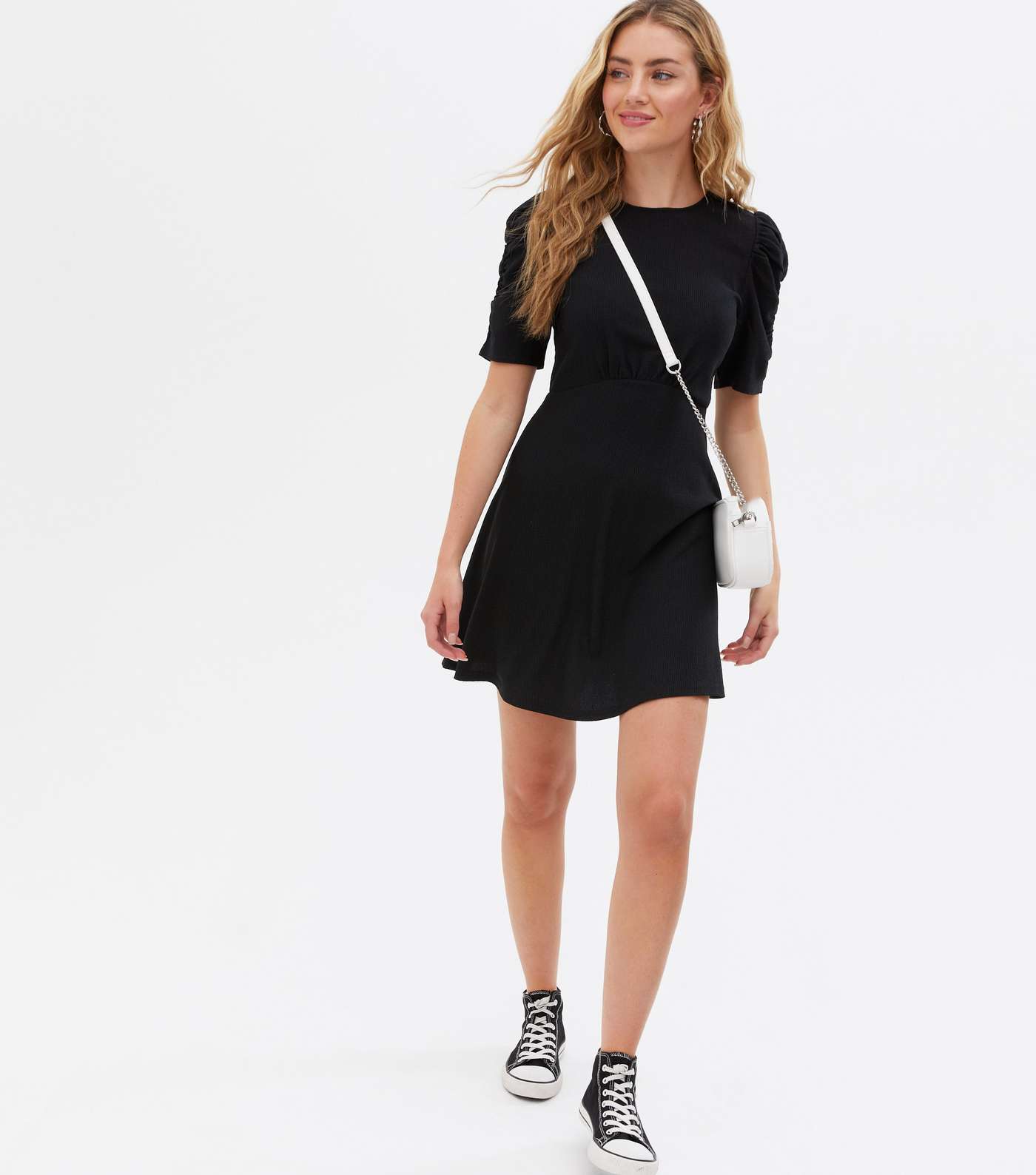 Black Crinkle Jersey Ruched Sleeve Mini Dress Image 3