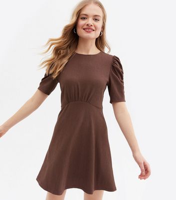 Dark Brown Crinkle Jersey Ruched Sleeve Mini Dress New Look