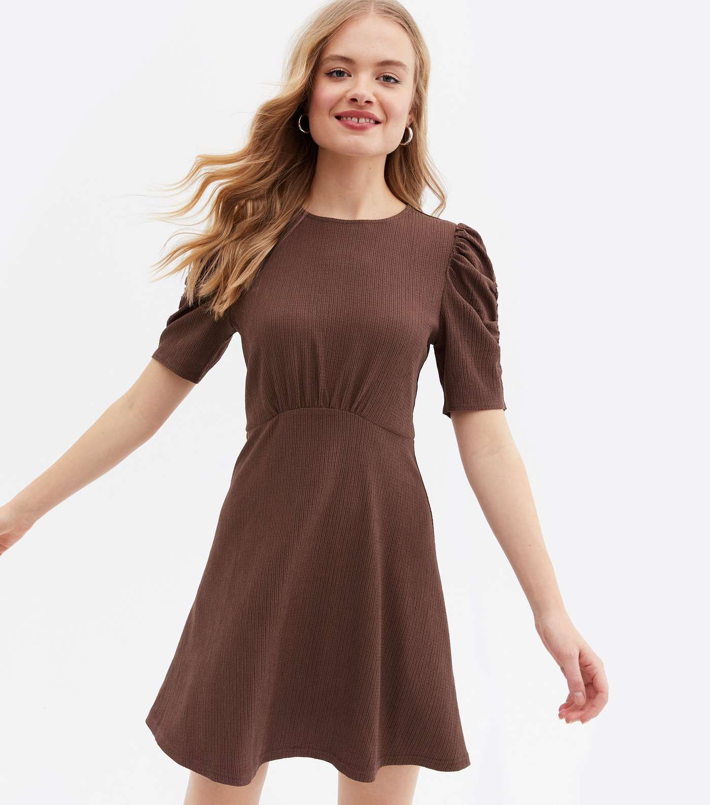 Dark Brown Crinkle Jersey Ruched Sleeve Mini Dress