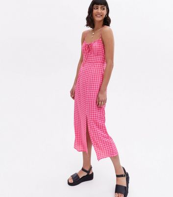 Pink Gingham Split Hem Bustier Midi Dress