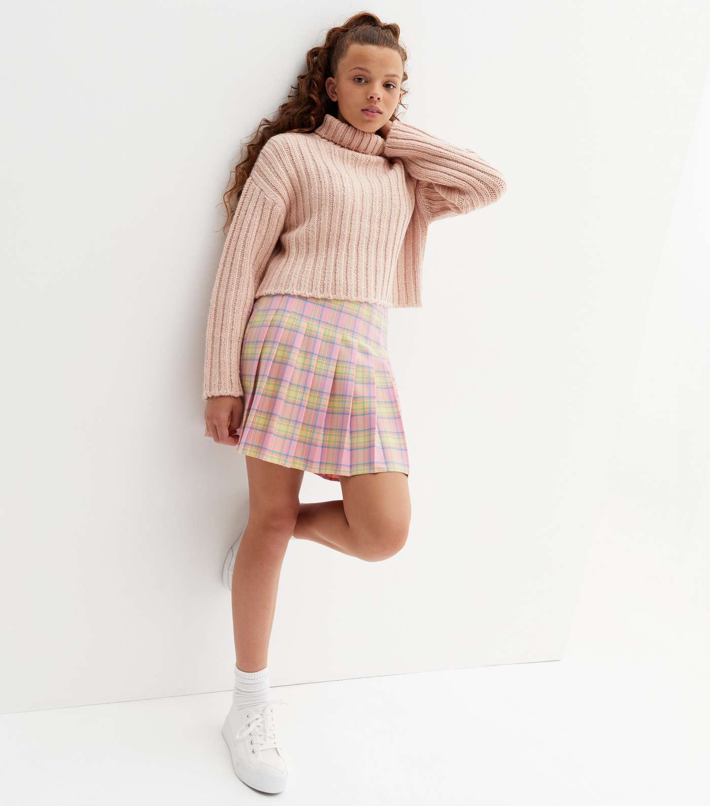 Girls Pale Pink Ribbed Chunky Knit Roll Neck Jumper Image 3