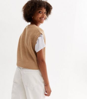 Girls Camel Chunky Knit V Neck Vest | New Look