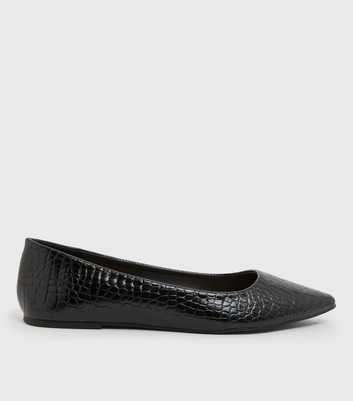 Black Faux Croc Pointed Ballet Pumps