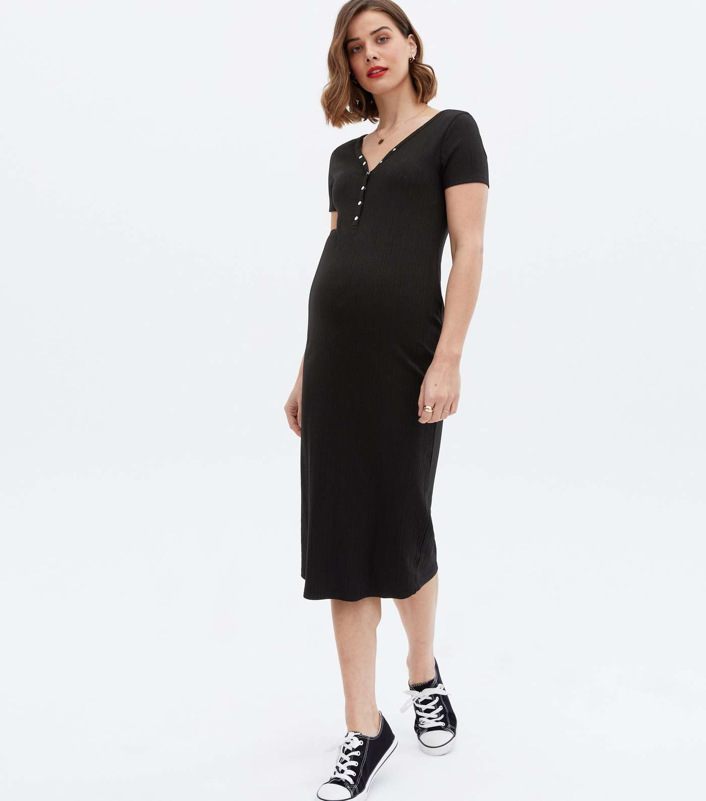 Maternity Black Short Sleeve Popper Midi Dress