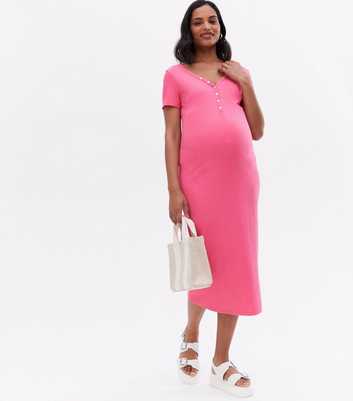 Maternity Bright Pink Short Sleeve Popper Midi Dress