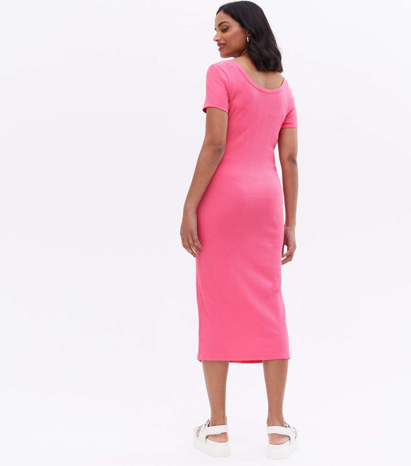 Maternity Bright Pink Short Sleeve Popper Midi Dress Image 4