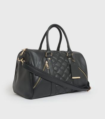 Black Quilted Leather Look Weekend Bag New Look