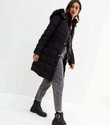 Black Faux Fur Trim Hooded Long Puffer Coat New Look