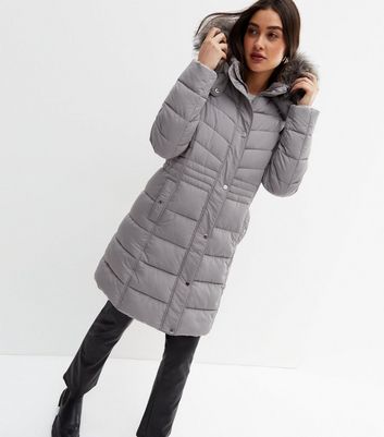 Pale Grey Faux Fur Trim Hooded Long 
