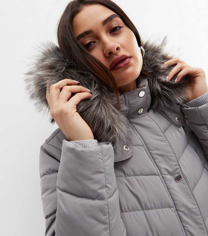 Padded Faux Fur Hooded Coat Gray