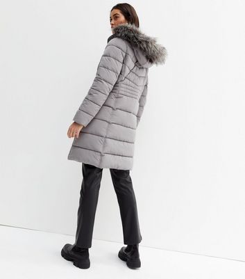 Grey faux fur trim longline sale puffer jacket