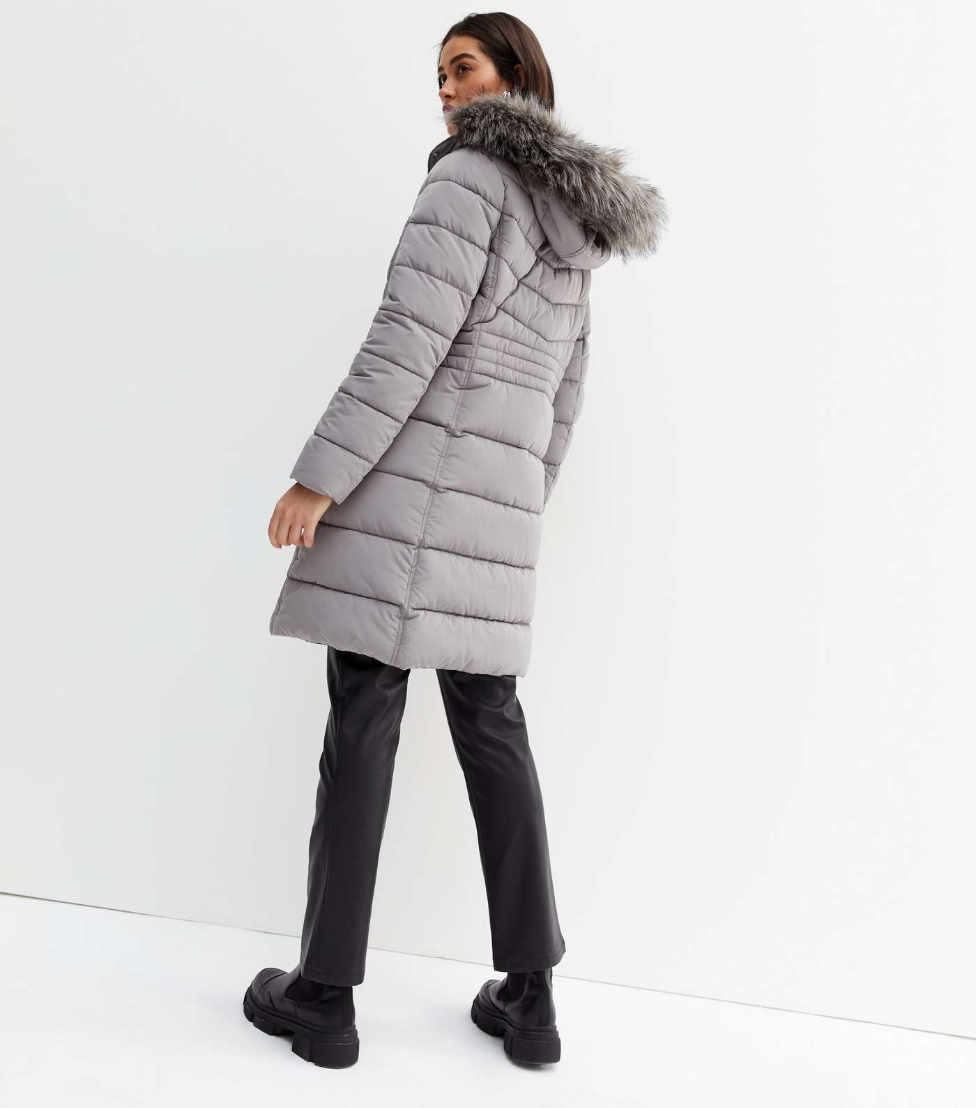 Pale Grey Faux Fur Trim Hooded Long Puffer Coat Image 4