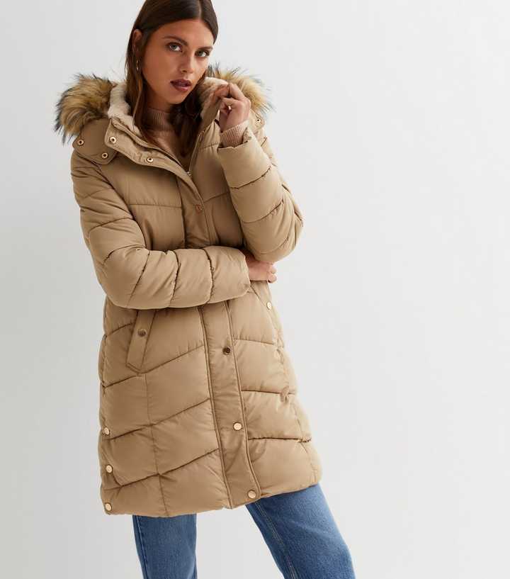 Mink Faux Fur Trim Hooded Long Puffer Coat | New Look