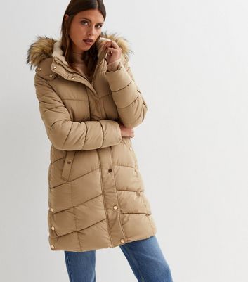 women's puffer long coat with faux fur trimmed hood