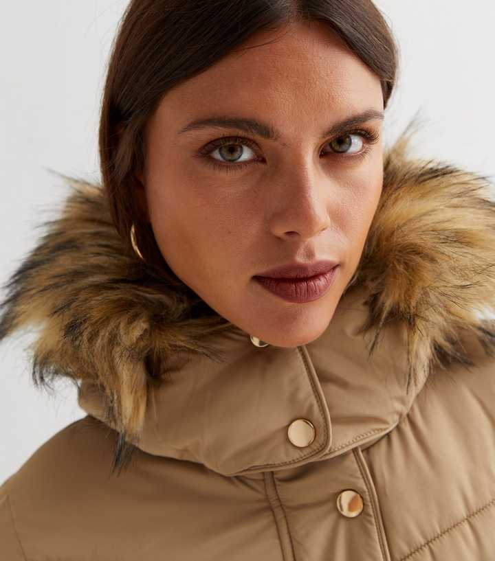 Mink Faux Fur Trim Hooded Long Puffer Coat | New Look