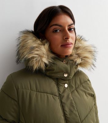 Khaki Faux Fur Trim Hooded Long Puffer 