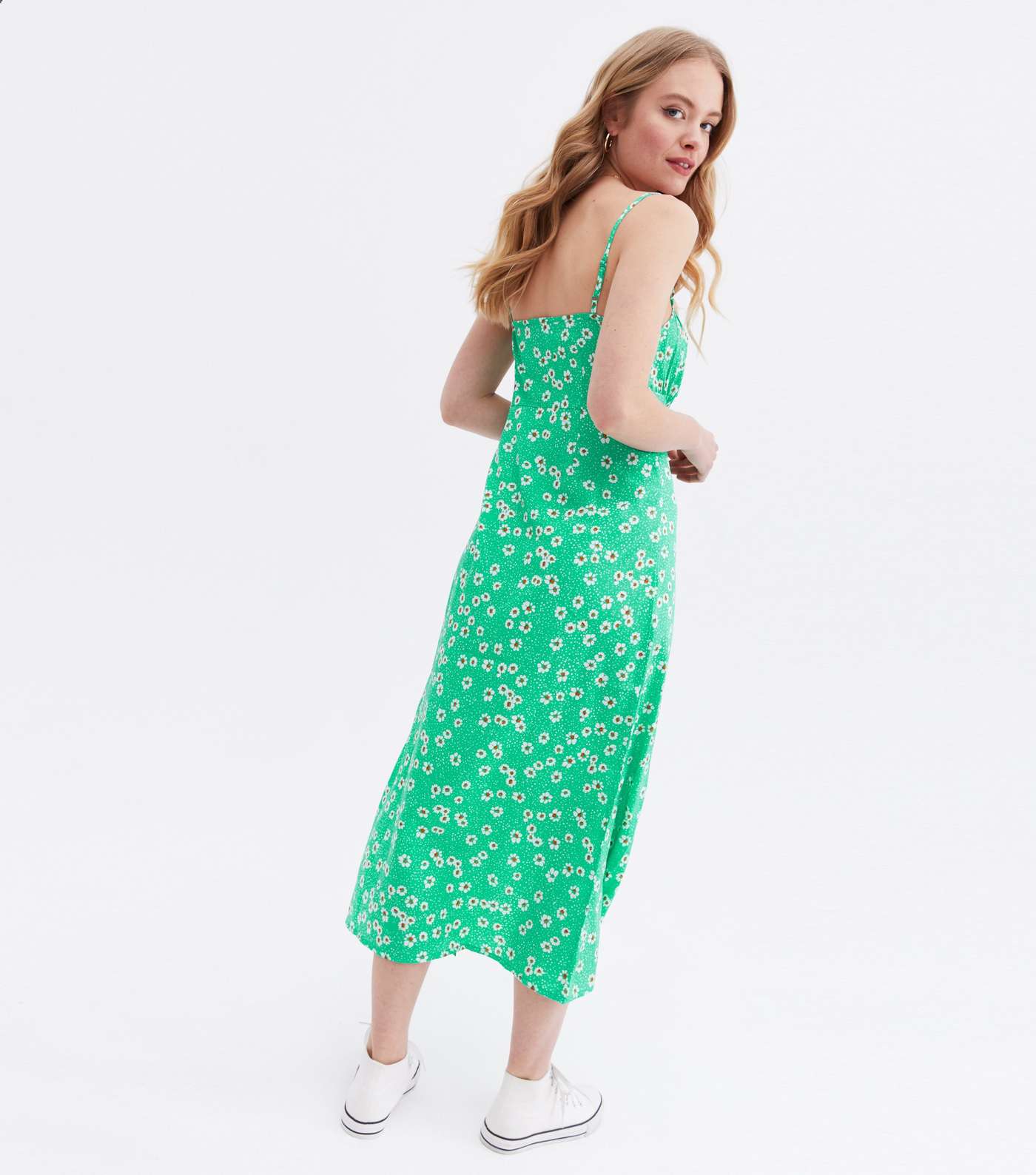 Green Floral Ruched Bustier Split Midi Dress Image 4