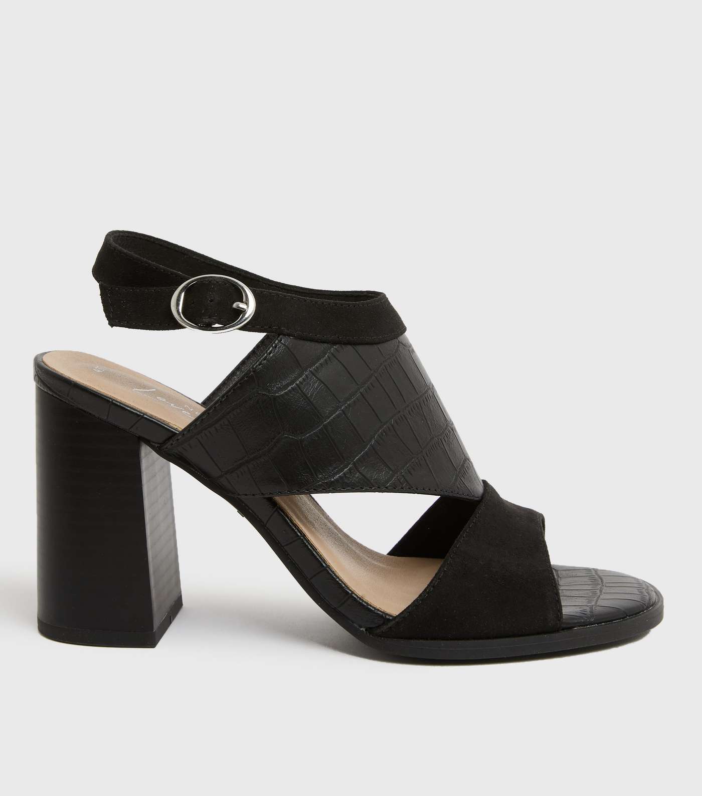 Black Suedette Faux Croc Block Heel Sandals