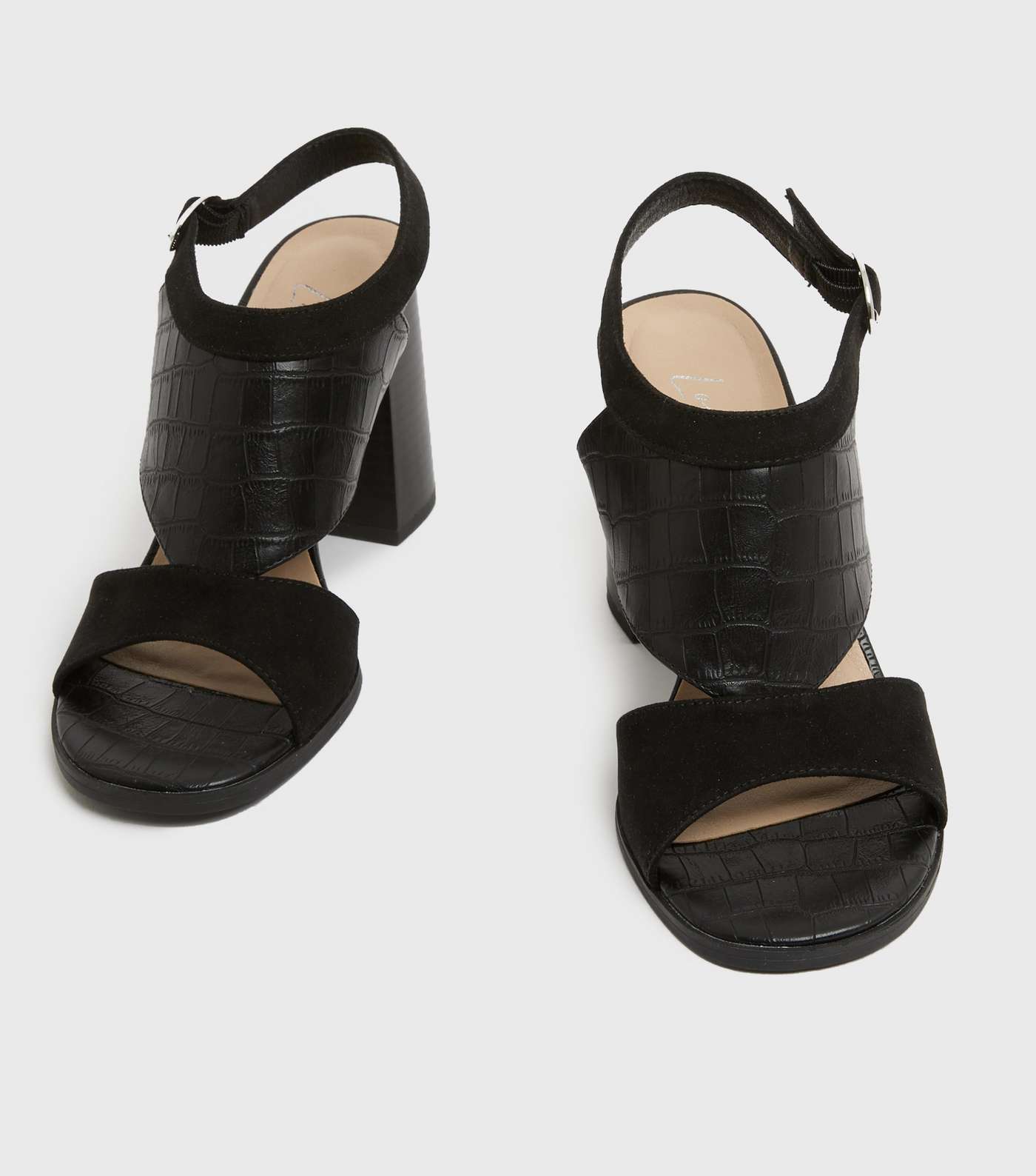 Black Suedette Faux Croc Block Heel Sandals Image 3