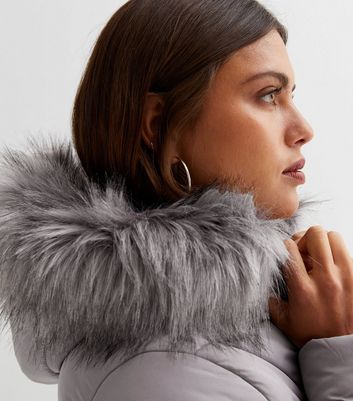 Grey faux fur jacket hotsell with hood