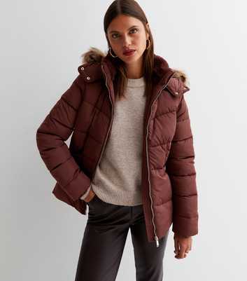 Dark Brown Faux Fur Hood Puffer Jacket