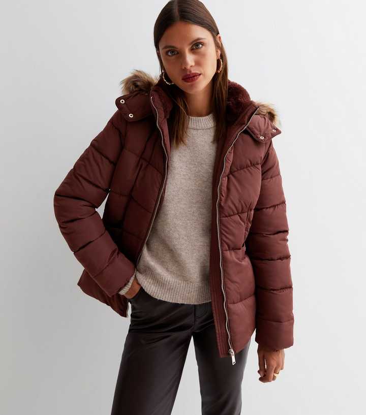 burgundy puffer coat with fur hood