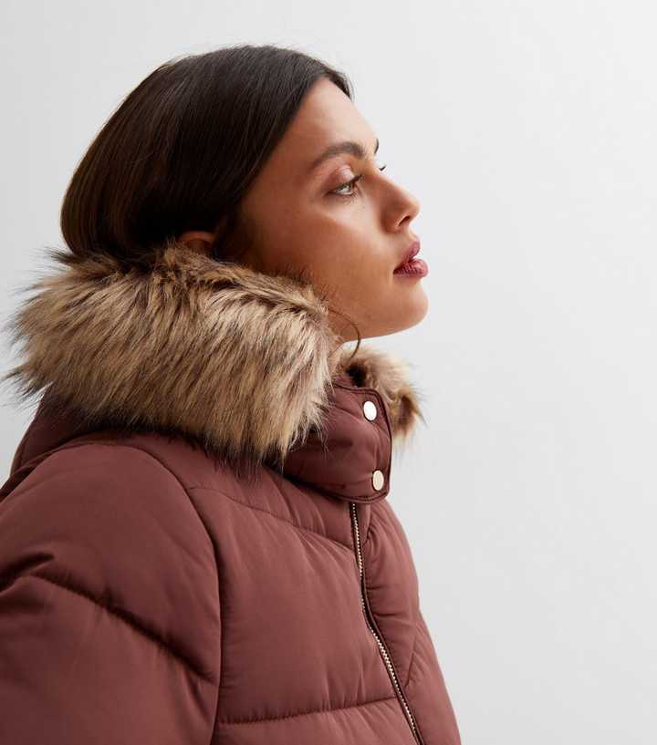 Dark Brown Faux Fur Hood Puffer Jacket | New Look