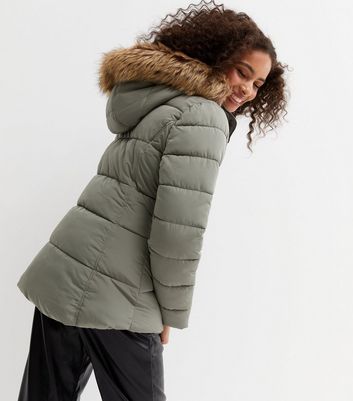 Olive faux fur sale trim hooded puffer jacket