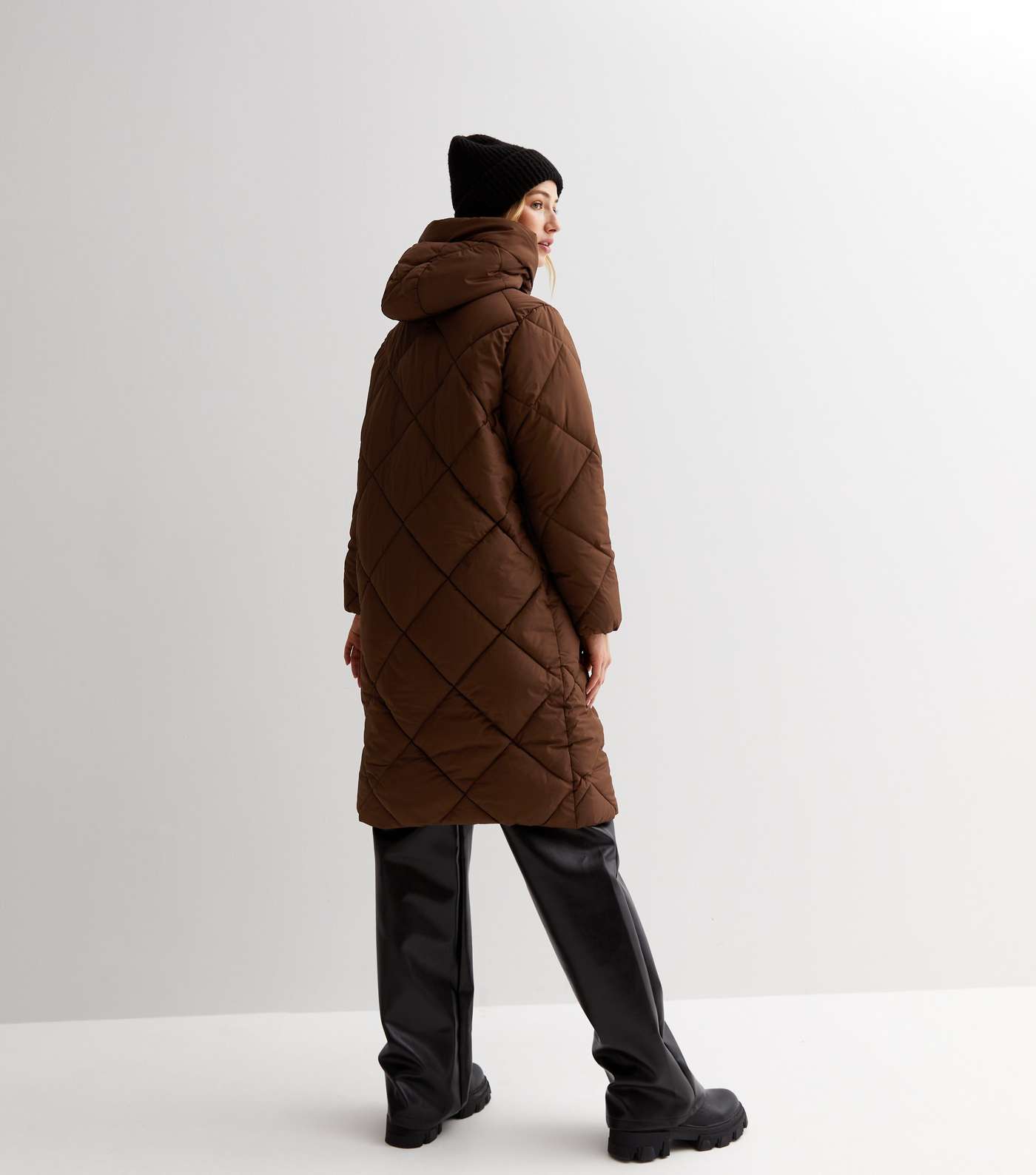 Dark Brown Diamond Quilted Long Line Hooded Puffer Coat Image 4