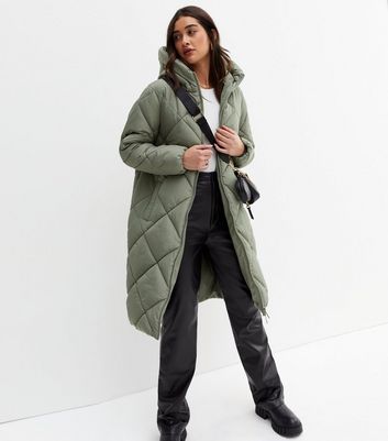 Olive Quilted Hooded Long Puffer Jacket | New Look